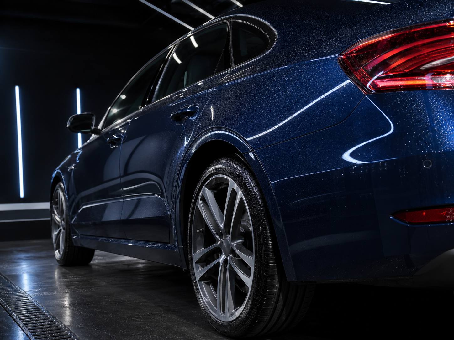 Rear quarter of a deep blue saloon with mirror-flat gloss